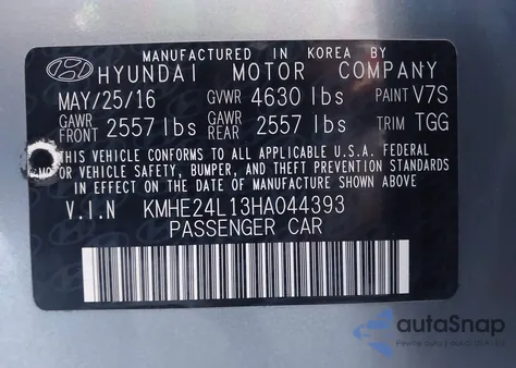 2017 Hyundai Sonata Hybrid Se from USA, damaged, VIN KMHE24L13HA044393
